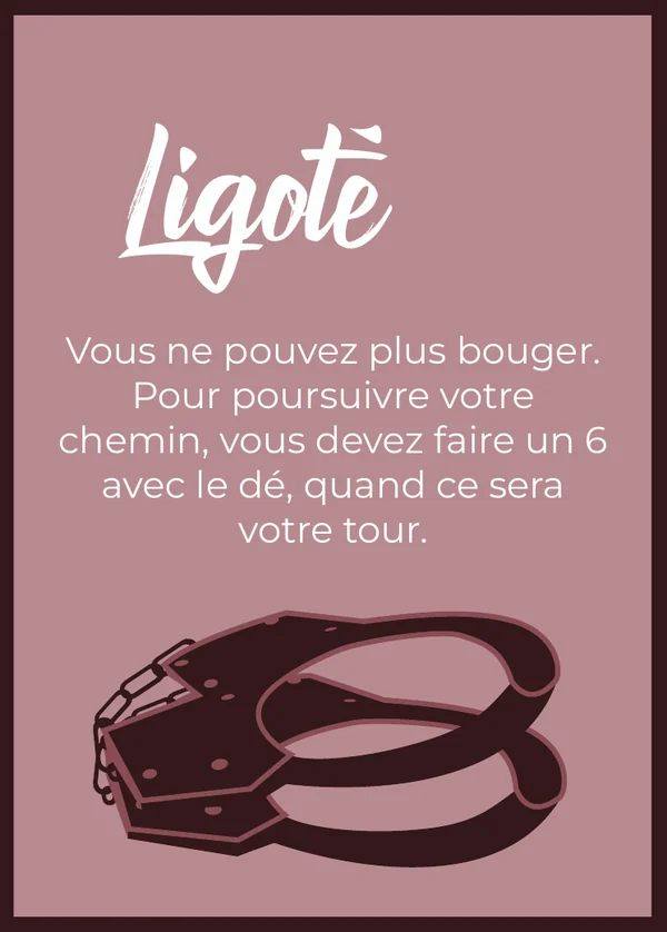 Ligoté : Vous ne pouvez plus bouger. Pour poursuivre votre chemin, vous devez faire un 6 avec le dé, quand ce sera votre tour.